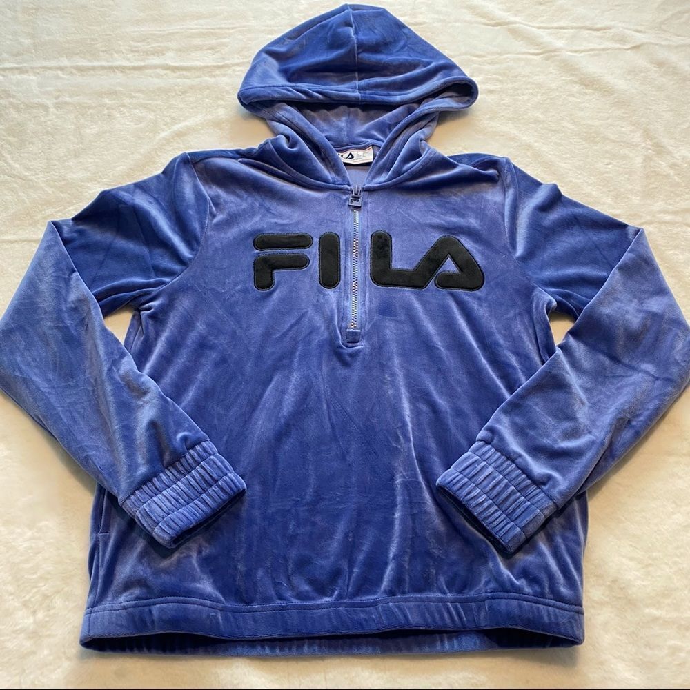 Fila Blue Hooded 1/4 Zip Velour Long Sleeve Pullover Size Small